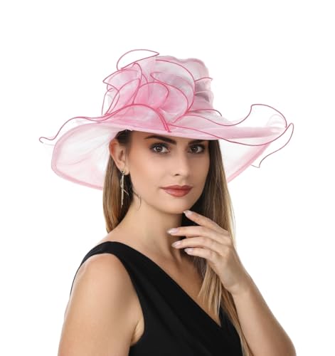 SAFERIN Women's Organza Church Fascinator Bridal Tea Party Wedding Hat - color: Tz-pink Rose Red