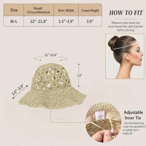 Handmade Women's Crochet Straw Bucket Hat Packable Daisy Beach Cap | Adjustable Inner Drawstring, Airy Lightweight Paper Fiber, Face Shade, Easy Storage, Feminine Openwork Floral Style - color: Beige
