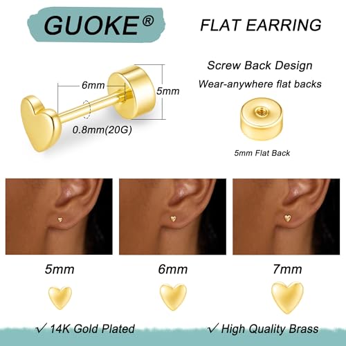 3 Pair Tiny Flat Back Earrings for Women - 14K Gold/White Gold Plated Dainty Cute Small Screw Flatback Stud Earring, Everyday Wear Gift - color: Heart Flat-5/6/7mm Gold