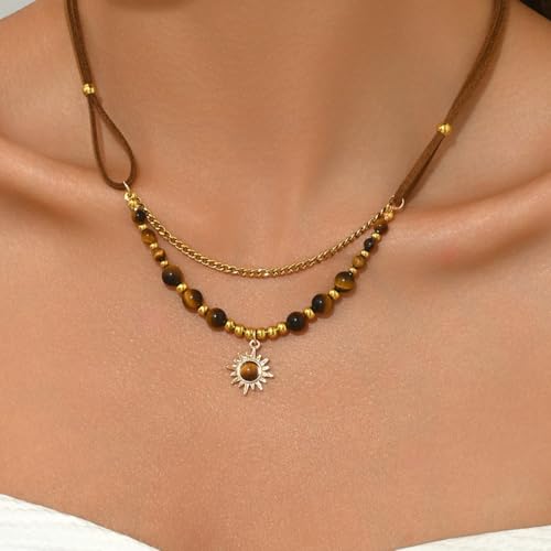 MYANAIL Tigers Eye Stone Sun Pendant Layered Necklaces for Women 14K Gold Maillard Tiger's Eye Beaded Choker Necklace Jewelry Accessory Spiritual Healing Stone Stacked Chain Necklaces - color: Brown