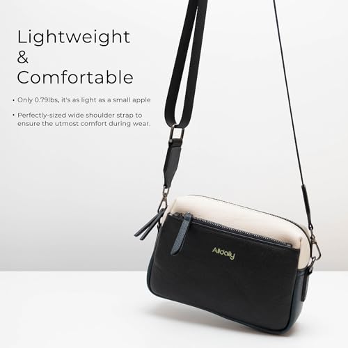Alldaily Small Triple Zip Crossbody Purse for Women, Vegan Leather Phone Bag with Wide Shoulder Strap - color: Black & Blue & White