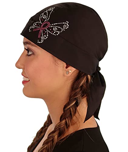 Sparkling EARTH - American Made Skull Caps Doo Rags Do Rag Durag Headwrap Head Wraps Skullies - Made in The USA! - color: Pink Ribbon Butterfly Rhinestud on Black Cap