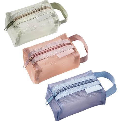 3pcs Portable Square Mesh Storage Bag,Zippered Cosmetic Bag,Small Square Mesh Coin Purse Travel Storage Carry Pouch (Green, Pink, Blue) - color: Green+Pink+Blue