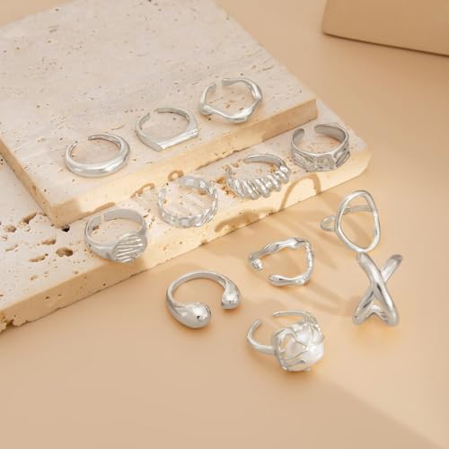 Chunky Gold Rings for Women Non Tarnish Silver Chunky Rings Set Adjustable Thick Statement Ring Gold Stackable Ring for Women Trendy Fashion Silver Jewelry - style: Style2