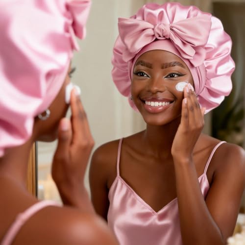 YANIBEST Adjustable Satin Bonnet for Sleeping Women Double Layer Hair Wrap Reduce Friction Prevent Frizz Natural Curly Hair - color: Pink