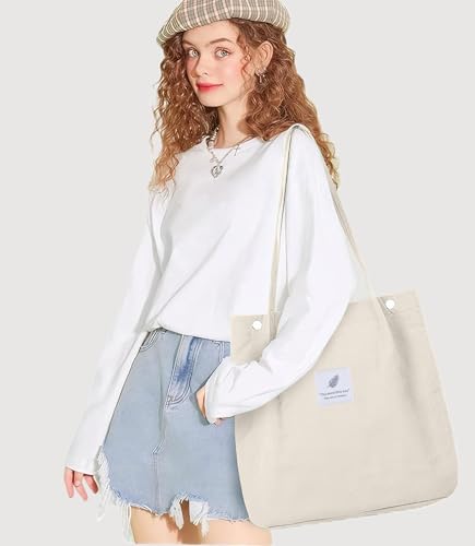 Corduroy Tote Bag for Women Small Canvas Shoulder Purse Cord Handy Bag with Inner Pocket | with Front Pocket - color: 02 Beige