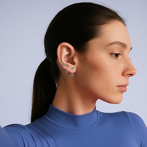 3 Pairs Dainty Small 4th of July Earrings for Women Trendy, Birthstone Stud Huggie Hoop Jacket Stack for Cartilage Helix, Gold Plated Hypoallergenic Cute Women Fashion Accessories Western Jewelry Gifts - color: 12Blue Created Topaz-Dec (Gold)
