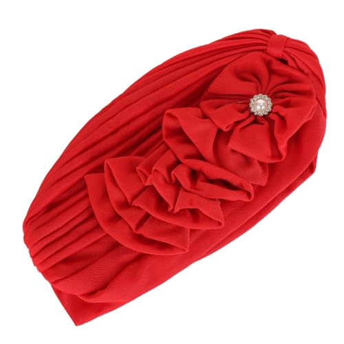 Flower Turban Hats for Women - Ruffle Bead Stretch Solid Caps Chemo Cancer Pre Tied Headscarf Headwear - color: Red