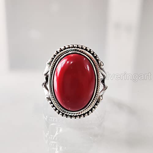 Natural Red Coral Ring, Woman's Coral Ring, Coral April Birthstone, Bohemian Band, 925 Sterling Silver, Womens Ring, Christmas, Thanksgiving, Handmade, Statement Jewelry, Natural Gemstone Ring