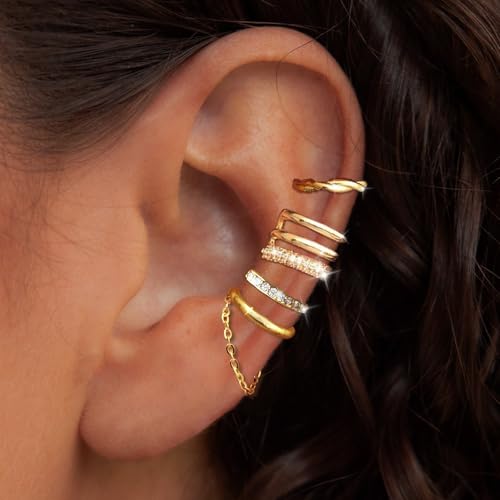 Fake Earrings for Women Non Piercing Ear Cuff Earring Dainty 14K Gold Plated Cuff Earrings Set Cubic Zirconia Ears Jewelry on Cartilage - style: 4B