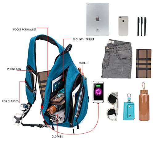 TurnWay Water-Proof Sling bag/Crossbody Backpack/Shoulder Bag with USB Charging Port for Travel, Hiking, Cycling, Camping - color: Blue