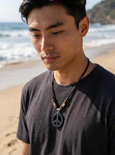 LAVIP Peace Sign Pendant Necklace, Black Cord with Wooden Beads, Boho Style - color: Black