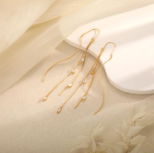 NECOCY Gold Dangle Earrings for Women Non Tarnish 14K Gold Plated Drop Wedding Hypallergenic Earring Dainty Long Hanging Chain CZ Pearl Threader Earrings Trendy Silver Plated Jewelry for Women - style: Gold&Style2