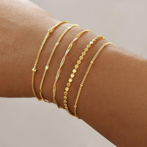 Gold Bracelets for Women, 14K Gold Plated Stackable Bracelet Stack Set Adjustable Charm Paperclip Chain Snake Link Layered Waterproof Jewelry Sets Gifts - style: Bracelets Set /3