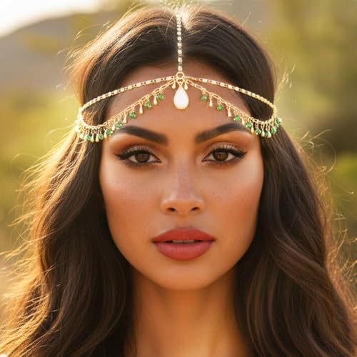 Aukmla Boho Head Chain Opal Rhinestone Headpiece Forehead Fashion Headband Hair Accessories for Women