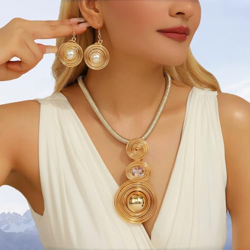 Large Spiral Pearl Rhinestone Pendant Necklace Earring Set for Women Handmade Chunky Statement Collar Choker Fashion Ethnic Tribal Wire Wrapped Adjustable Rope Chain Banquet Party Dress Jewelry - color: Gold
