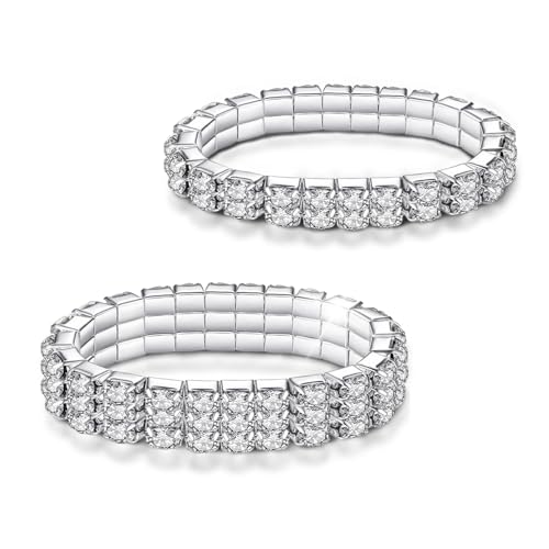 Kucheed Rhinestone Stretch Bracelets, Twinkle Diamond Tennis Bangle, Silver Crystal Sparkling Bridal Stackable Bracelet Jewelry, Bling Shining Wedding Party Elastic Band Bracelet for Women - color: Silver
