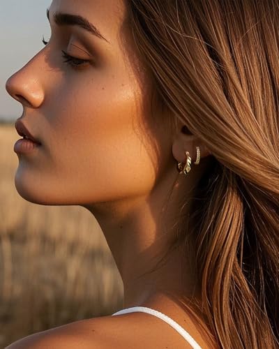 3 PairsTrendy Dainty Set Earrings- 14K Gold Plated Hoop Earrings for Women, Hypoallergenic Lightweight Stackable Jewelry Gift for Multiple Piercings - color: Triple Mix
