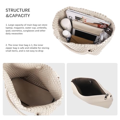 Woven Tote Bag Womens Purse Vegan Leather Shoulder Handbags Fashion Summer Beach Tote Bags Large Travel Totes - color: Beige