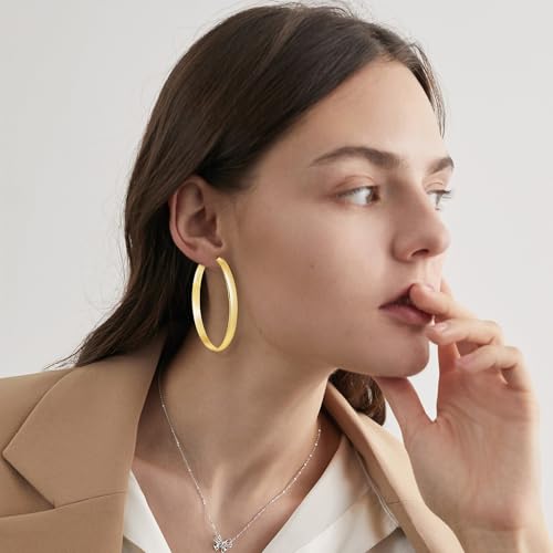 5mm Wide Gold Hoop Earrings for Women, 14K Gold Plated Big Chunky Hoop Earrings with S925 Sterling Silver Post, Hypoallergenic Lightweight Earrings Jewelry for Women 30/40/50/60/70mm - color: Gold-60mm
