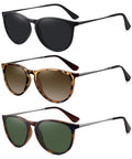 WOWSUN Retro Polarized Sunglasses Womens Trendy Round Classic Glasses - color: 3 Pack: Black+brown+ivy Green Lens Leopard Frame