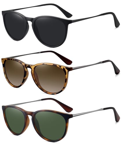 WOWSUN Retro Polarized Sunglasses Womens Trendy Round Classic Glasses - color: 3 Pack: Black+brown+ivy Green Lens Leopard Frame