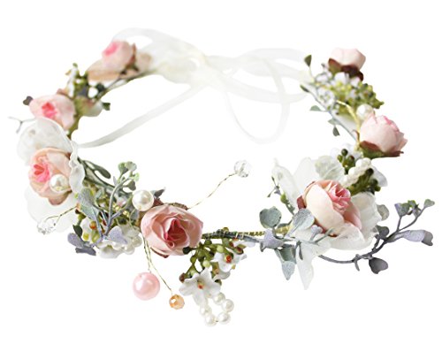 Vivivalue Pearl Flower Crown Floral Garland Headband Flower Halo Headpiece Hair Wreath Boho with Ribbon Party Wedding Festival Photos Pink - color: I