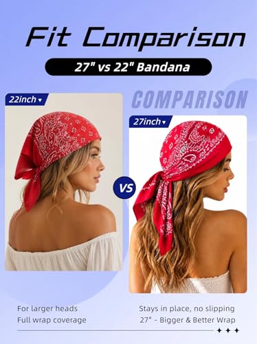 Junvena 27 Inch Extra Large Bandana 100% Cotton,Soft Thin Breathable Headband for Men Women, Solid & Paisley - color: Black Paisley 3 Pack