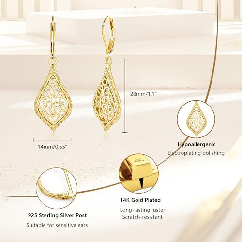 Dangle Earrings for Women, 14K Gold Plated Filigree Dangling Leverback Earrings, Silver Geometric Hypoallergenic Lightweight Dangly Drop Earings for Women Trendy Jewelry Gifts - color: C-14K Gold