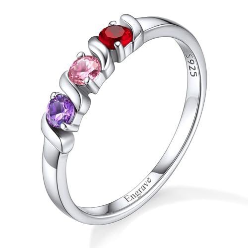 Custom4U Personalized Mothers Ring with 1-5 Birthstones Names Engraved 925 Sterling Silver/14K White Gold Plated Birthstone Rings for Women Promise Ring Birthday Jewelry Gifts for Mom Grandmother Wife - color: 3 Birthstones Ring (Custom)