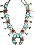 Red and turquoise stone squash blossom flower bib necklace