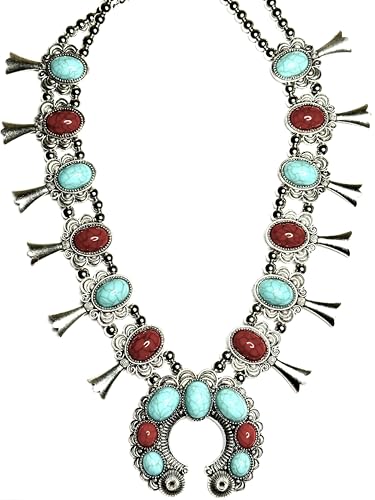 Red and turquoise stone squash blossom flower bib necklace