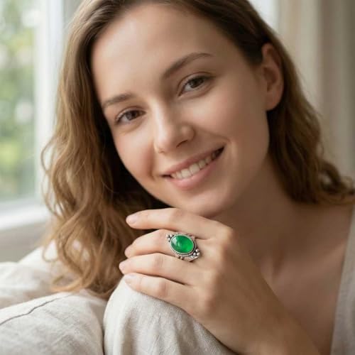 Handmade 925 Sterling Silver Plated Ring Natural Gemstone Carnelian, Rose Quartz, Tiger Eye, Crystal Oval Boho Jewelry For Women - color: Green Onyx