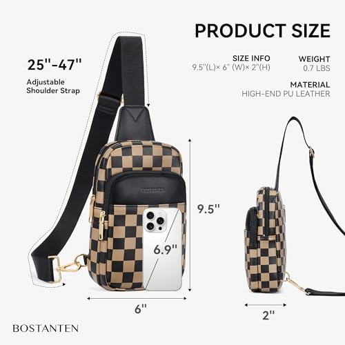 BOSTANTEN Sling Bag Quilted Crossbody Bags for Women Cross Body Purse Leather Fanny Pack with Adjustable Guitar Strap - color: A-checkered Coffee