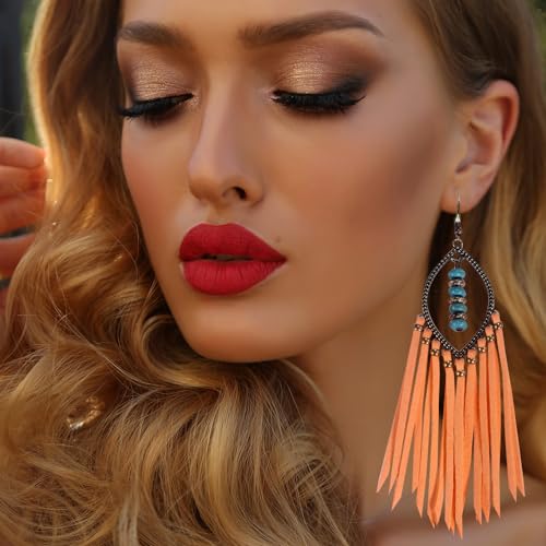 Long Bohemian Fringe Leather Earrrings Handmade Tassel Earrings with Turquoise Christmas Long Dangle Earrings for Women rodeo jewelry - color: 3