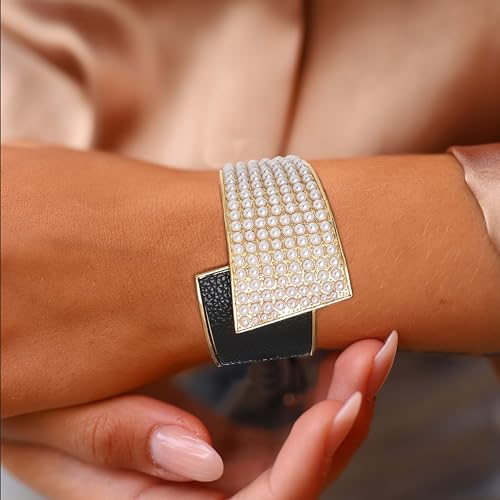 ELABEST Stylish Rhinestone Bracelet Cuff Bracelets Stretch Bracelets Sparkly Hand Chain Wedding Parties Jewelry Accessories for Women - color: Pearl-Black