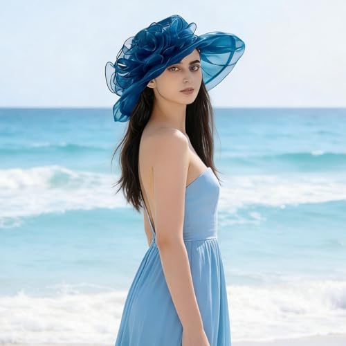 Women's Kentucky Derby Church Dress Hat Wide Brim Leaf Flower Bridal Shower Hat - color: G1-navyblue