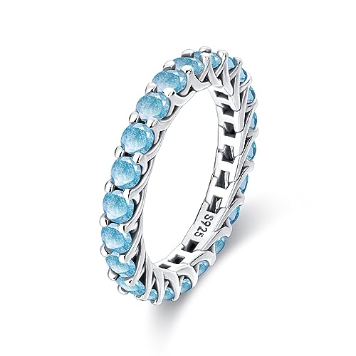 KUNSIR 925 Sterling Silver Rings Classic Cubic Zirconia Eternity Promise Statement Anniversary Wedding Bands Engagement Rings for Women Infinity Forever Love Ring Size 7-9 - style: Zircon Blue Ring