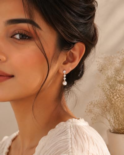 Pearl Earrings for Women, 14k Gold Plated Trendy Diamond Pearl Drop Earrings Hypoallergenic Dainty Bridal Gifts Wedding jewelry for Women - color: H - Gold