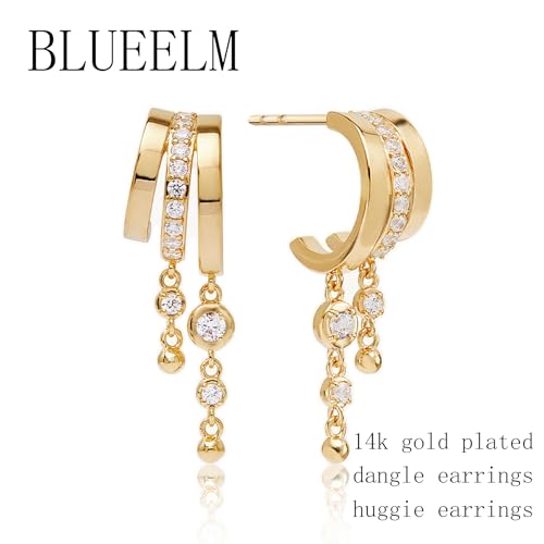 Dangle Earrings For Women, Dainty Gold Drop Statement Earrings 14K Gold Plated Long Huggie Earrings for Women Trendy Hypoallergenic Dangly Earrings Small Triple Hoops Earrings Fashion Jewelry - color: gold-circle