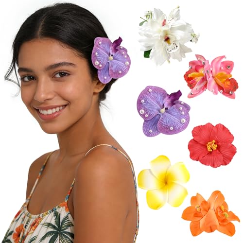 6 pcs Hawaiian Flower Hair Clips for Women，Plumeria Hibiscus Hair Clips Artificial Flower Clips, Boho Hair Accessories for Vacation Beach Party - Mixed Floral - color: Mixed Floral