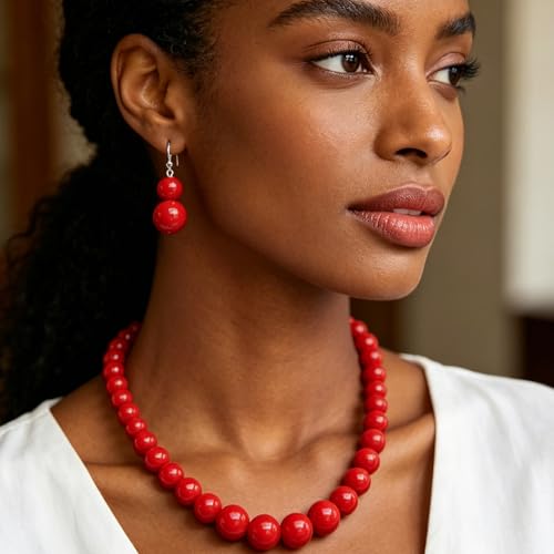 Red Beaded Necklace for Women Choker Gold Toggle Clasp Layered Stack Dainty Statement Western Boho Trendy Summer Vacation Necklaces Birthday Jewelry Gifts - color: B6:Red Beaded Necklace