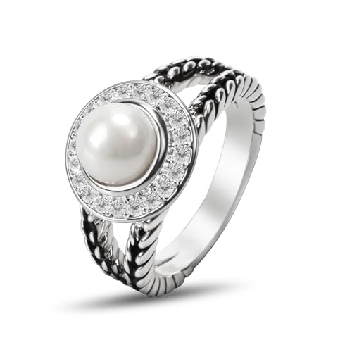 Designer Inspired Twisted Cable Statement Rings for Women Fashion Jewelry 8 MM CZ Split Shank Cable Ring Gift - color: White Pearl