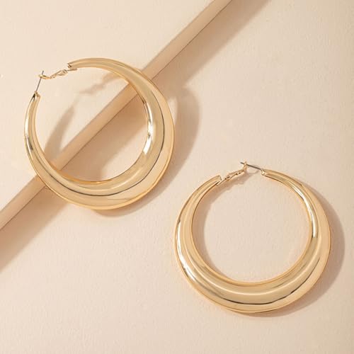Chunky Gold Large Hoop Earrings for Women, Dainty 14K Gold Big Circle Round Statement Earrings Silver Trendy Thick Hoops Ear Jewelry for Anniversary - color: Gold