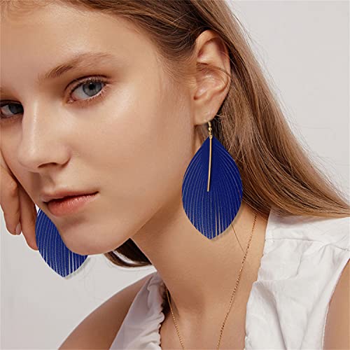 Minimalist Handmade Lightweight Large Soft Faux Leather Fringe Feather Dangle Drop Earrings Bohemian Huge Leaf Hook Earrings with Bar for Women - color: Blue