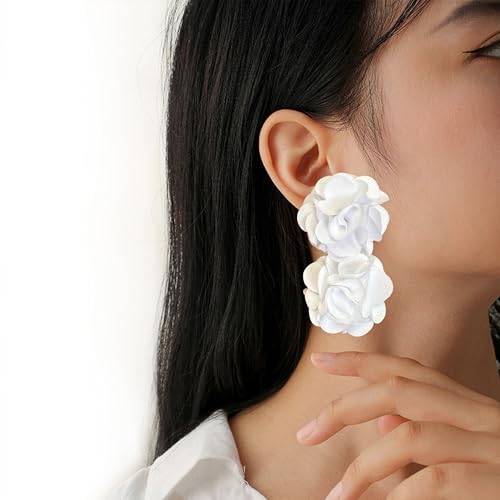 Oversized Fabric Flower Earrings for Women Statement Boho Chic Dangle Drop Earrings for Parties Weddings or Everyday Wear - color: White