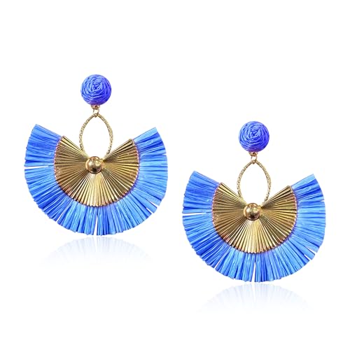 Anmpab Straw Fan Bohemian Tassel Earrings for Women Trendy Colorful Fringe Summer Beach Statement Earrings - color: Blue
