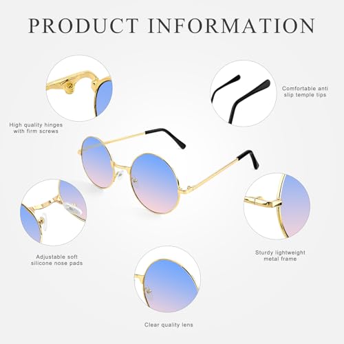 NACHLYNN Round Hippie Sunglasses Metal Border Circle Hippie Glasses UV380 Protection 70s Sunglasses for Men Women Party Favor - color: Blue Pink
