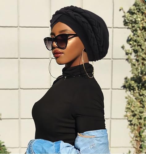 African Women Turban Caps Pre-Tied Twisted Turbans Head Scarf for Women Hair Wraps Cover Beanie Cancer Chemo Headwear - color: 1 Pack Double Twisted Braid A: Black