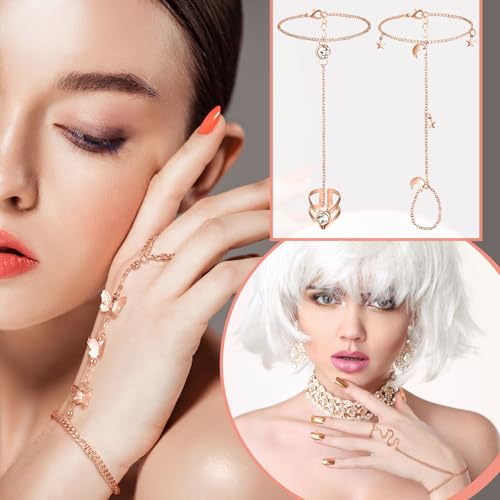 Fumete 6 pcs Finger Ring Bracelet Linked Rhinestone Hand Harness Chain Slave Bracelet with Ring Everyday Jewelry for Women - color: Rose Gold, style: Classic